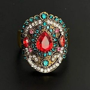 925 Silver Turkish Ottoman Detailed PINK Turquoise Crystal Rhinestone Ring Sz 9